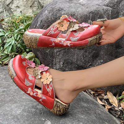 Avenli™ – Retro red leather sandals with floral pattern