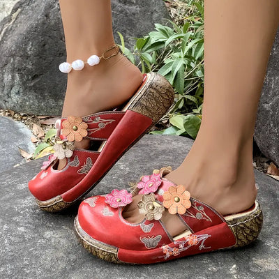Avenli™ – Retro red leather sandals with floral pattern
