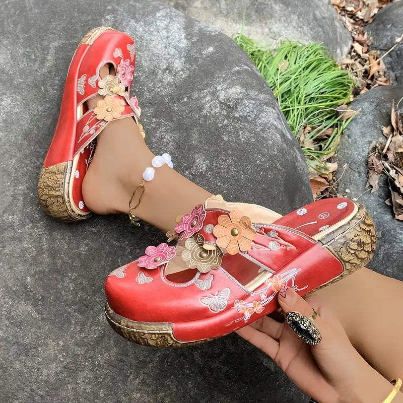 Avenli™ – Retro red leather sandals with floral pattern