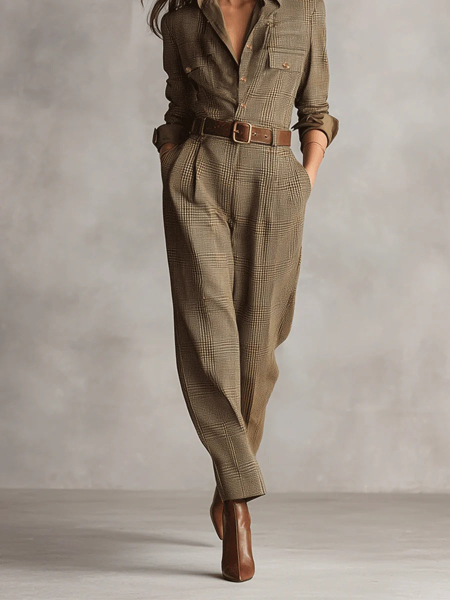 Zoë | Refined tweed texture checked utility jumpsuit