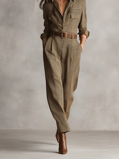 Zoë | Refined tweed texture checked utility jumpsuit