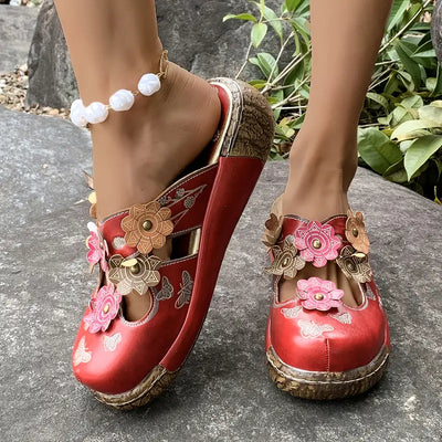 Avenli™ – Retro red leather sandals with floral pattern