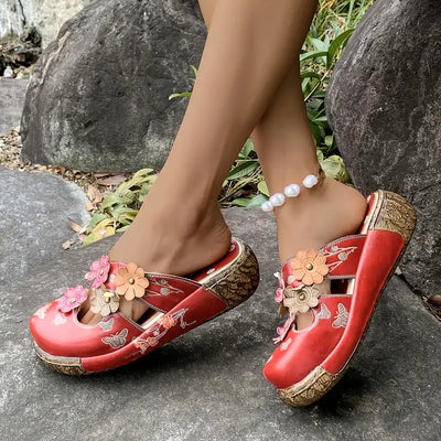 Avenli™ – Retro red leather sandals with floral pattern