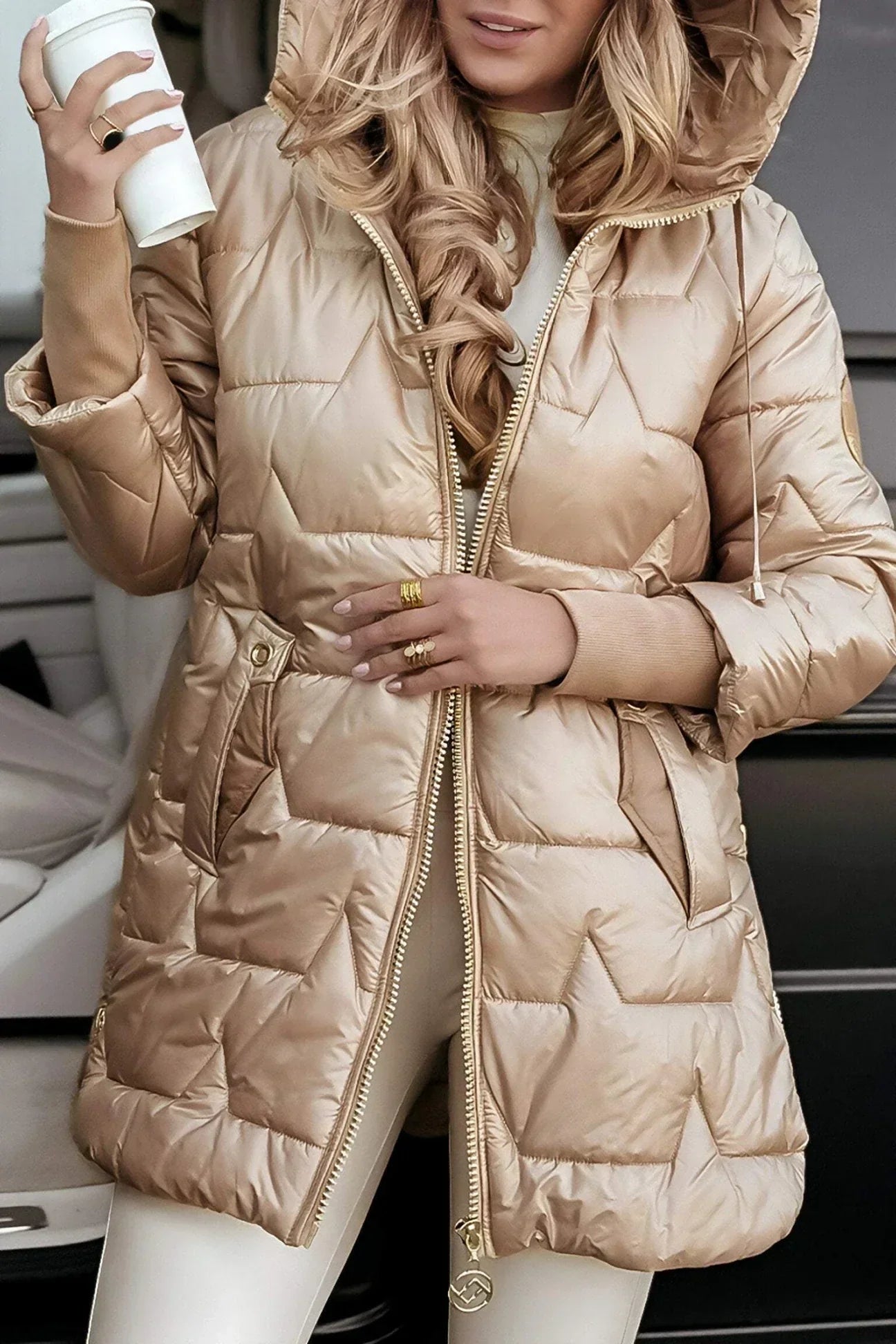 Chiara | Long, warm padded jacket with wraparound hood